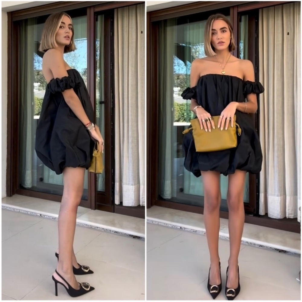 ZARA Off Shoulder TAFFETA Black Mini Balloon Dress nwt